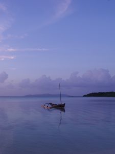 Preview wallpaper sea, boat, lonely, horizon, sunset