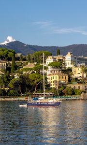 Preview wallpaper sea, boat, mast, buildings, houses, trees