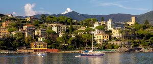 Preview wallpaper sea, boat, mast, buildings, houses, trees