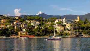 Preview wallpaper sea, boat, mast, buildings, houses, trees