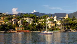 Preview wallpaper sea, boat, mast, buildings, houses, trees