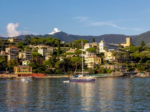 Preview wallpaper sea, boat, mast, buildings, houses, trees