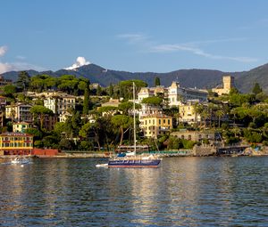 Preview wallpaper sea, boat, mast, buildings, houses, trees