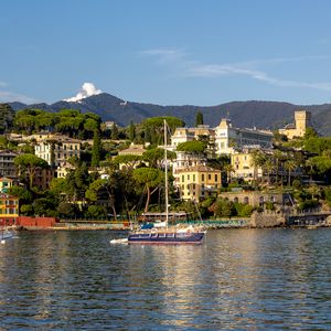 Preview wallpaper sea, boat, mast, buildings, houses, trees