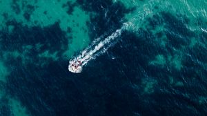 Preview wallpaper sea, boat, rock, aerial view