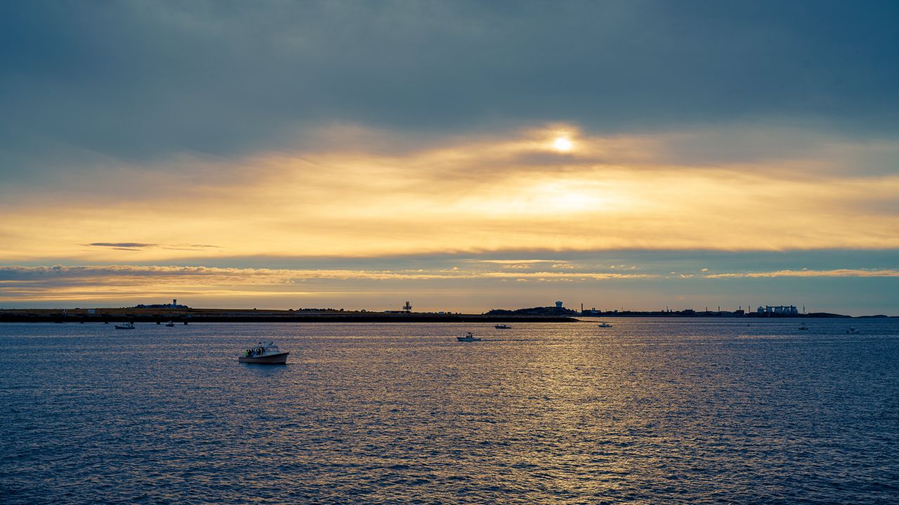 Wallpaper sea, boat, sky, clouds