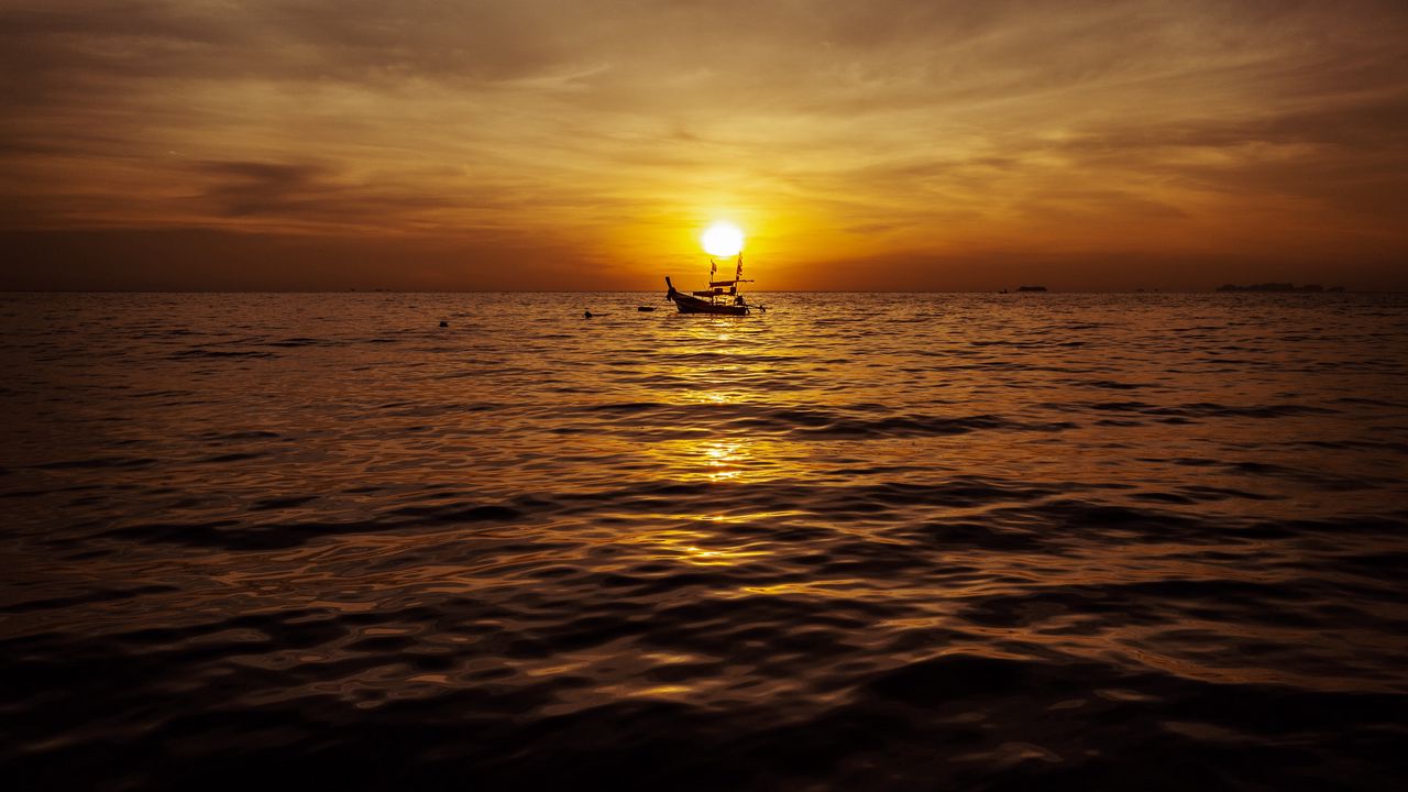 Wallpaper sea, boat, sunset, dusk, waves