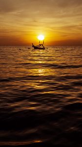 Preview wallpaper sea, boat, sunset, dusk, waves