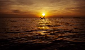 Preview wallpaper sea, boat, sunset, dusk, waves