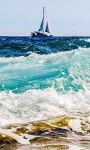 Preview wallpaper sea, boat, surf, foam