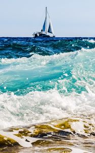 Preview wallpaper sea, boat, surf, foam