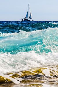 Preview wallpaper sea, boat, surf, foam