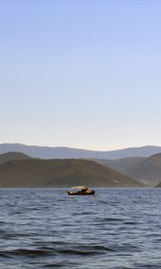 Preview wallpaper sea, boat, water, island, hills