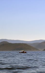 Preview wallpaper sea, boat, water, island, hills