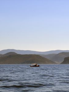 Preview wallpaper sea, boat, water, island, hills