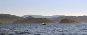 Preview wallpaper sea, boat, water, island, hills