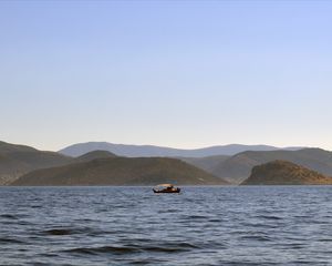 Preview wallpaper sea, boat, water, island, hills