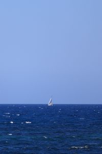 Preview wallpaper sea, boat, water, waves, minimalism, blue
