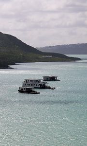 Preview wallpaper sea, boats, shore, hills, nature