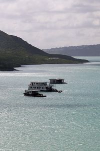 Preview wallpaper sea, boats, shore, hills, nature