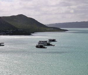 Preview wallpaper sea, boats, shore, hills, nature