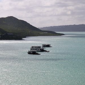 Preview wallpaper sea, boats, shore, hills, nature