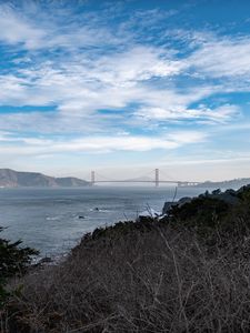 Preview wallpaper sea, bridge, mountains, trees, branches, view