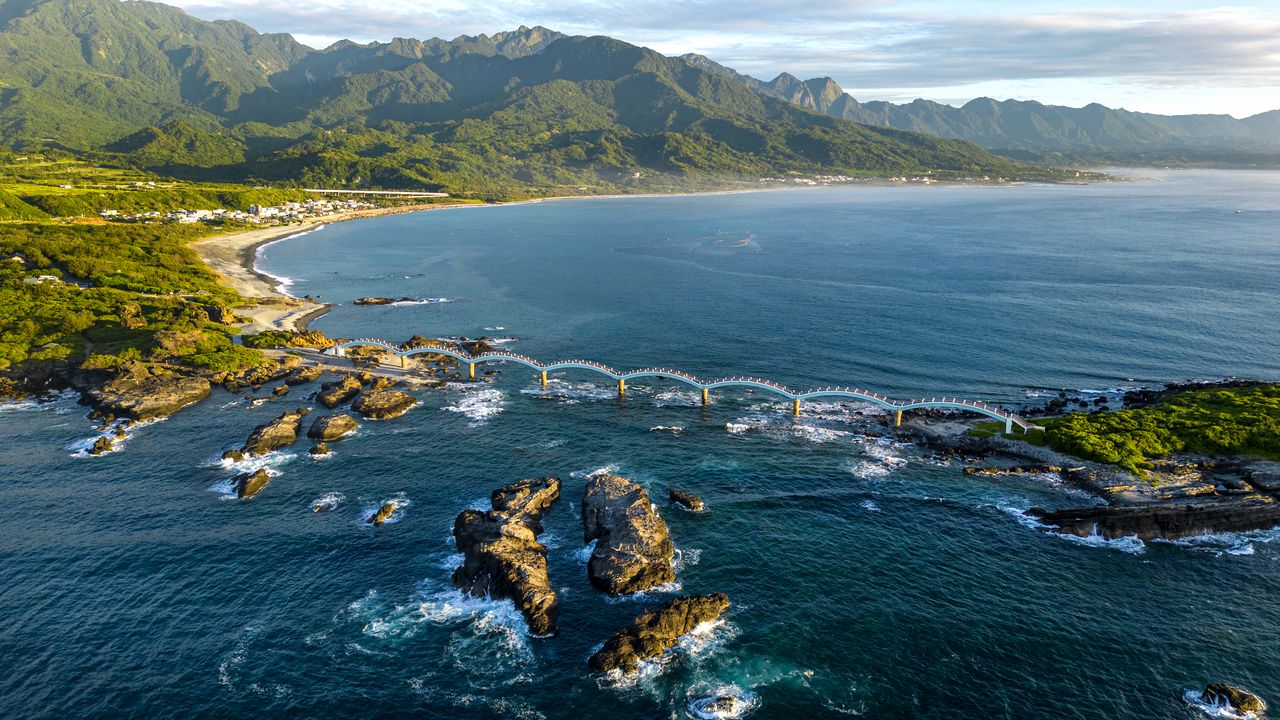 Wallpaper sea, bridge, mountains, rocks, nature