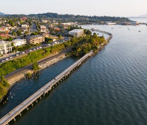 Preview wallpaper sea, building, bridge, trees