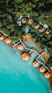 Preview wallpaper sea, bungalow, aerial view, beach, trees