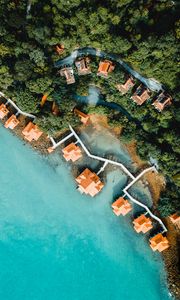 Preview wallpaper sea, bungalow, aerial view, beach, trees