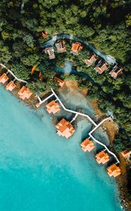 Preview wallpaper sea, bungalow, aerial view, beach, trees