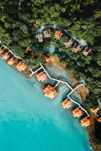 Preview wallpaper sea, bungalow, aerial view, beach, trees