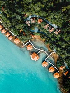 Preview wallpaper sea, bungalow, aerial view, beach, trees