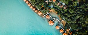 Preview wallpaper sea, bungalow, aerial view, beach, trees