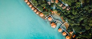 Preview wallpaper sea, bungalow, aerial view, beach, trees