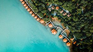 Preview wallpaper sea, bungalow, aerial view, beach, trees