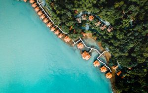Preview wallpaper sea, bungalow, aerial view, beach, trees