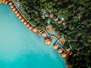 Preview wallpaper sea, bungalow, aerial view, beach, trees