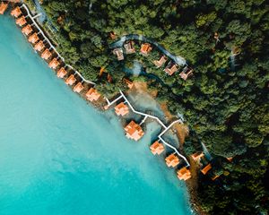 Preview wallpaper sea, bungalow, aerial view, beach, trees