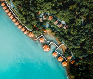 Preview wallpaper sea, bungalow, aerial view, beach, trees