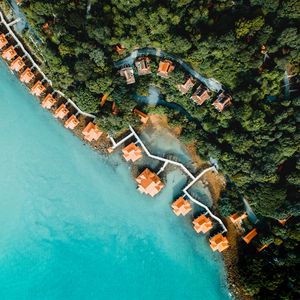 Preview wallpaper sea, bungalow, aerial view, beach, trees