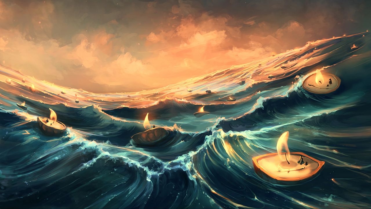 Wallpaper sea, candles, waves, art, fantasy