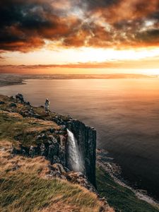 Preview wallpaper sea, cliff, waterfall, sunset, landscape