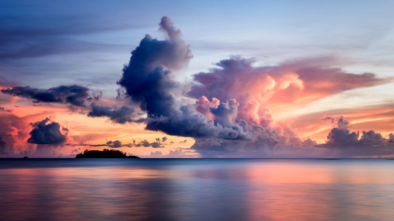 Wallpaper sea, clouds, horizon, island, sky, sunset