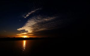 Preview wallpaper sea, clouds, sun, sunset, landscape, dark