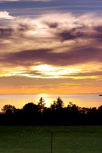 Preview wallpaper sea, clouds, trees, field, evening