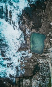 Preview wallpaper sea, coast, aerial view, stones, rocks, waves, pool