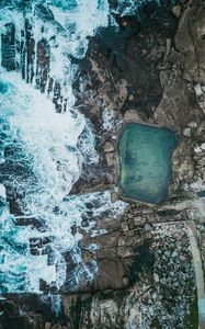 Preview wallpaper sea, coast, aerial view, stones, rocks, waves, pool