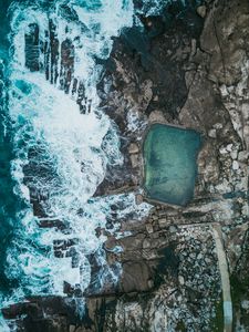 Preview wallpaper sea, coast, aerial view, stones, rocks, waves, pool